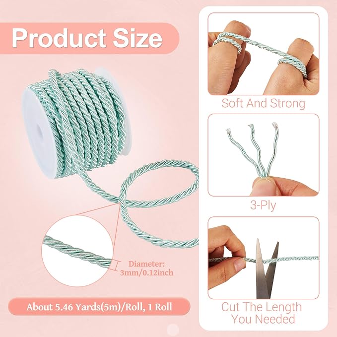 5.4 Yards/Roll Twisted Cord Trim Rope 3mm Polyester Braided Satin Twine Cord - Image 2