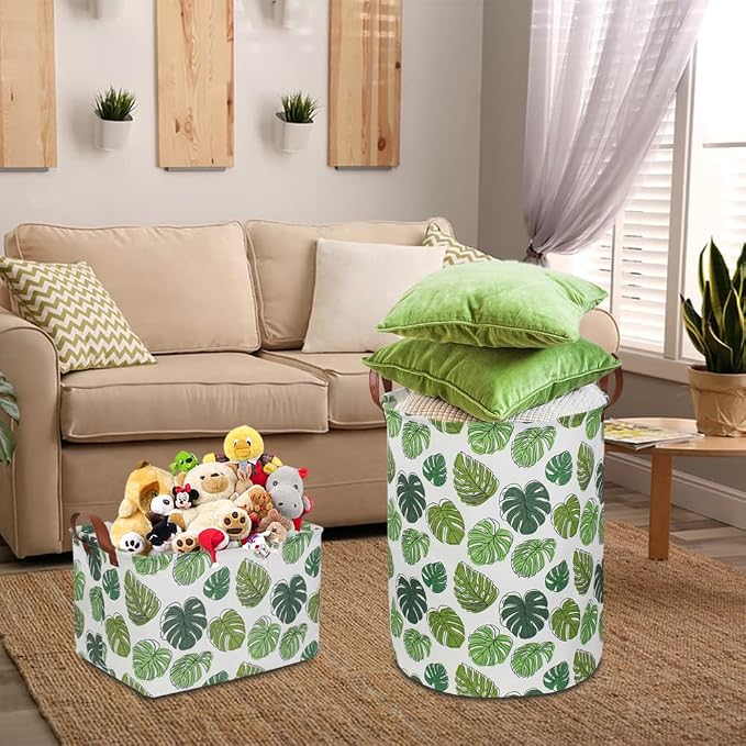 Round Green Laundry Hamper, Jungle Themed Nursery Decor, Tropical Pattern Basket - Image 3