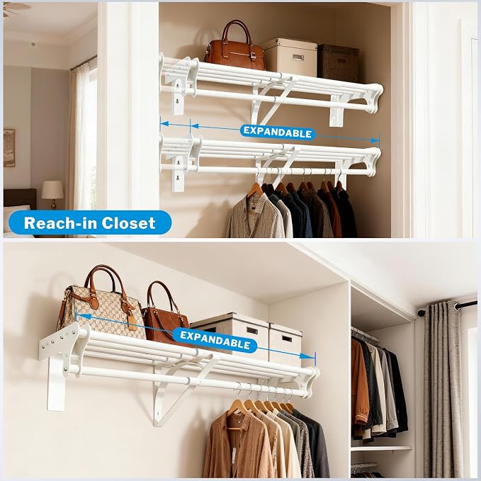 Steel Closet Shelf with Hanging Rod, Back Wall & Side Wall Mounted, 52-95'' - Image 7