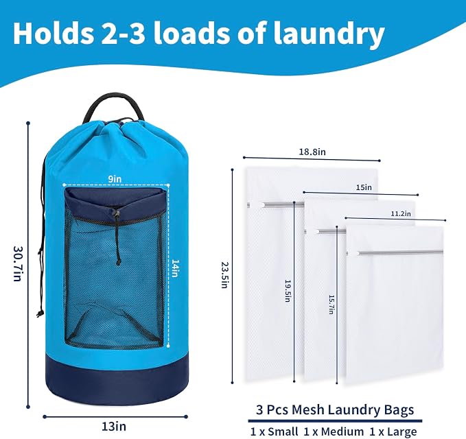 Laundry Bag Backpack with 3 Sizes Mesh Wash Bags and Shoulder Straps Foldable - Image 4