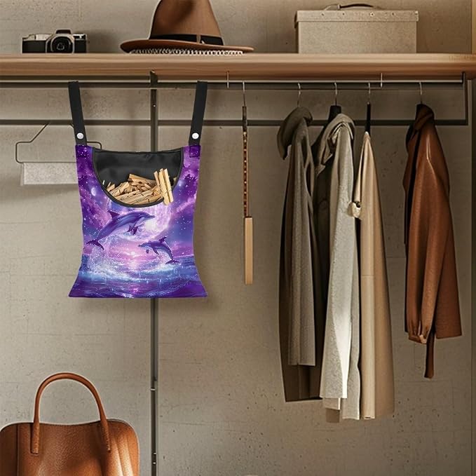 Purple Moonlight Dolphin Print Laundry Clothespin BagHanging Storage Organizer - Image 5