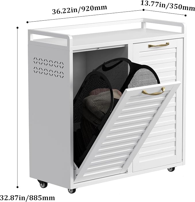 100L Dual Laundry Hamper with Wheels, Metal Rolling Laundry Cabinet with 2 - Image 3