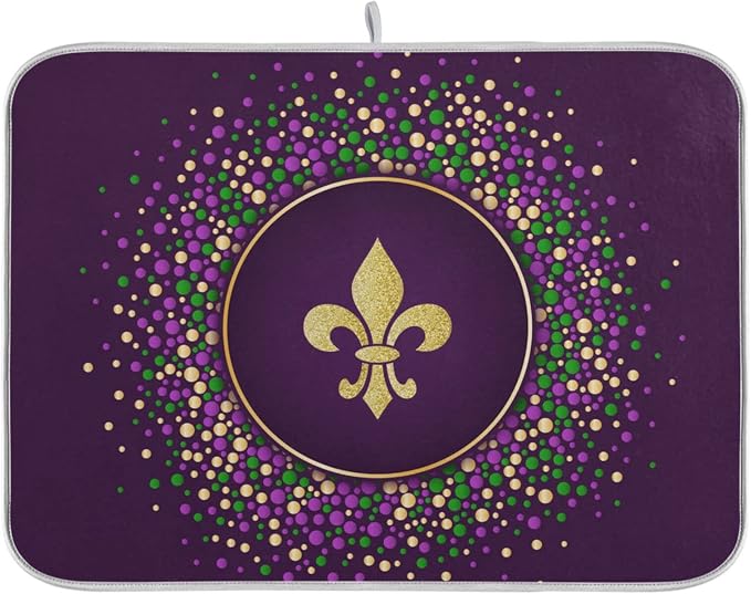 Mardi Gras Holiday Golden Fleur-De-Lis Purple Absorbent Dish Drying Mat by Unknown