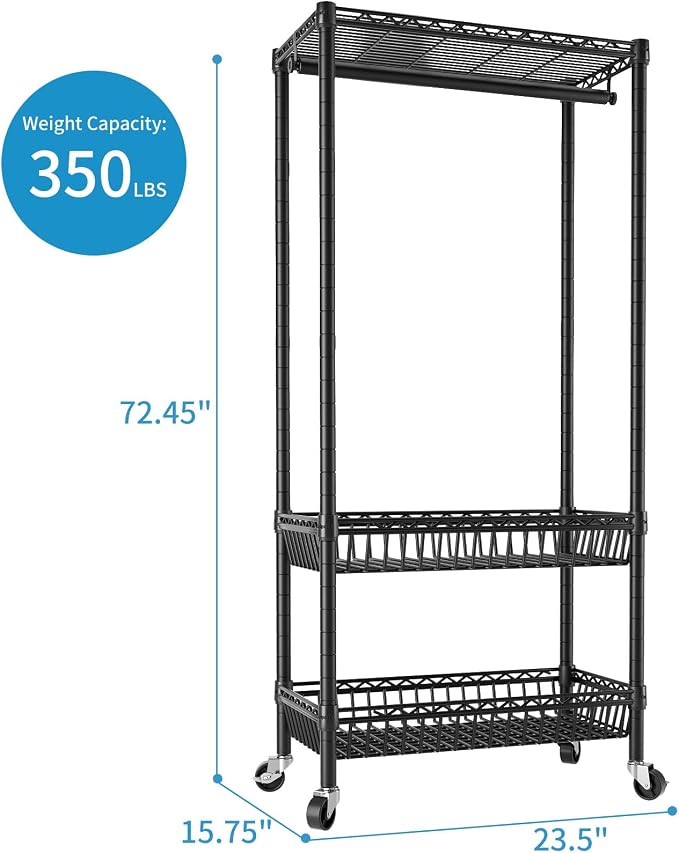 Heavy Duty Clothes Rack Rolling Garment Rack, 3 Tier Adjustable Wire Shelving - Image 4
