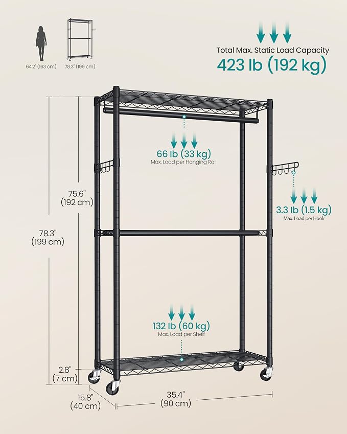 SONGMICS Heavy-Duty Rolling Clothes Rack, Garment Rack, Portable Closet on - Image 5
