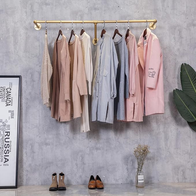 Industrial Pipe Wall Mounted Clothes Hanging Shelves System, Metal Clothing - Image 8