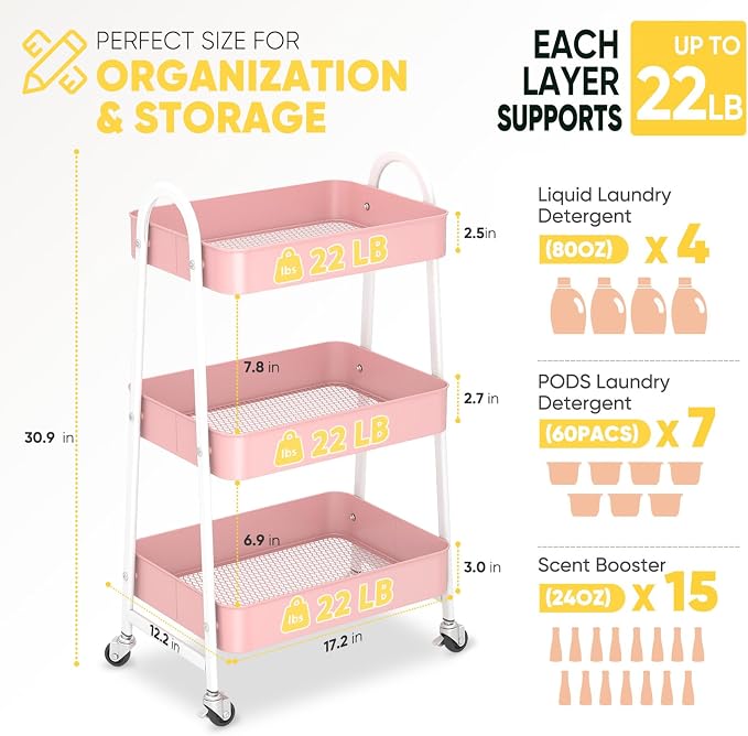Sekey 3 Tier Rolling Cart Metal, Easy Install Utility Cart on Wheels, Heavy - Image 2