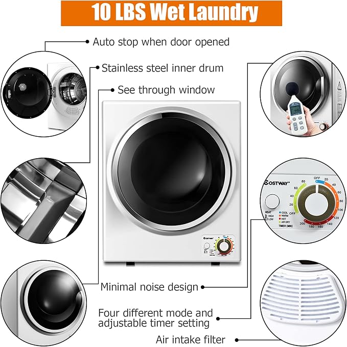 COSTWAY Compact Laundry Dryer, 110V Electric Portable Clothes Dryer - Image 4