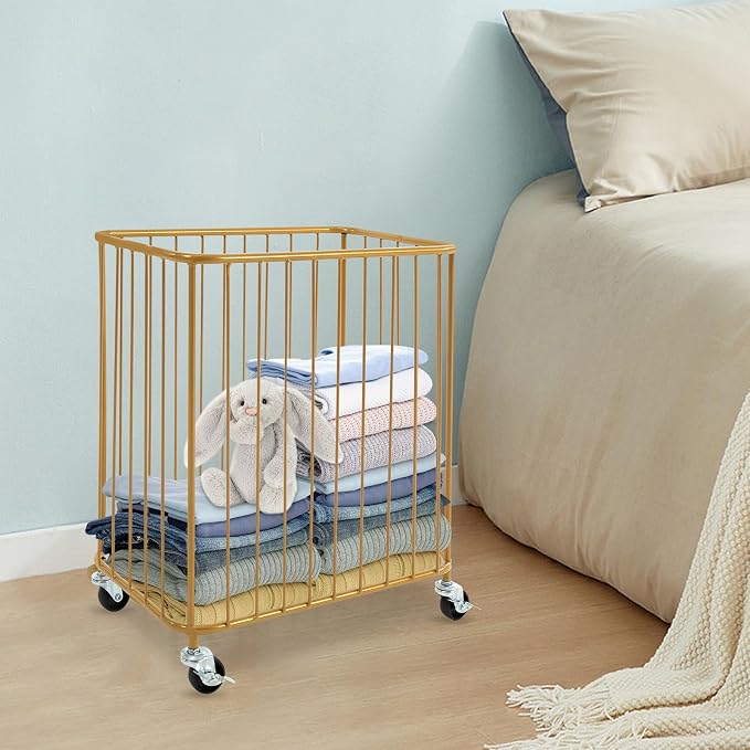 Laundry Basket with Wheels, Metal Railing Storage Cart with Handles, Rolling - Image 2