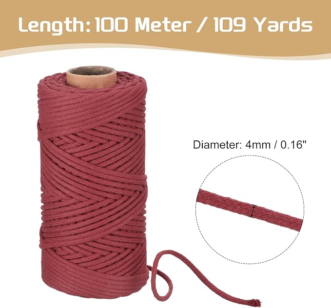 Rebower Macrame Cord 4mm x 109 Yard, Natural Cotton Macrame Rope Twisted - Image 2
