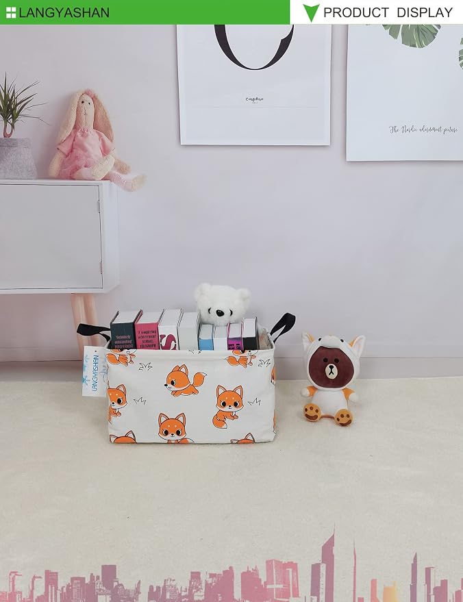 LANGYASHAN Rectangular Storage Bin Collapse Canvas Fabric Cartoon Storage Basket - Image 3