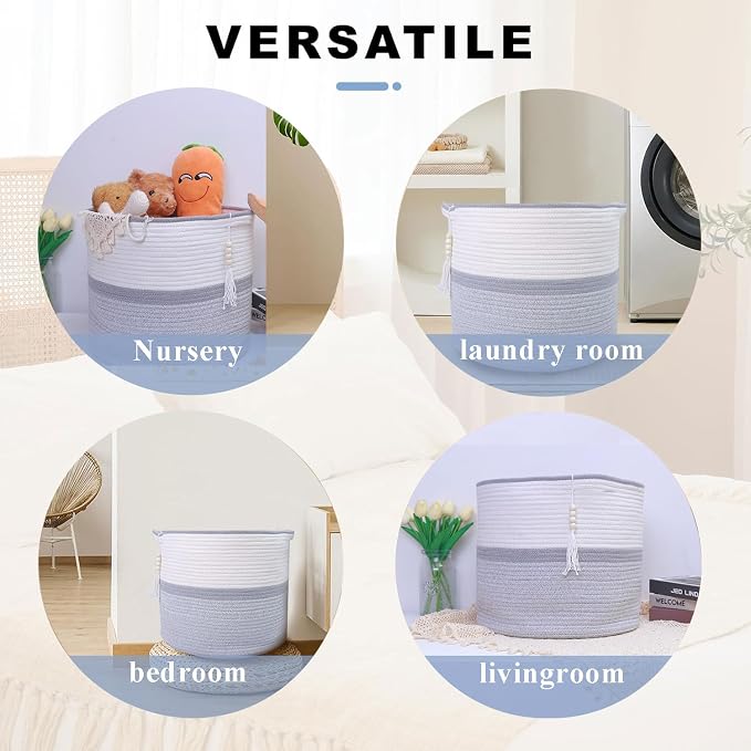 Large Woven Rope Laundry Hamper, Cotton Rope Storage Basket - Image 3