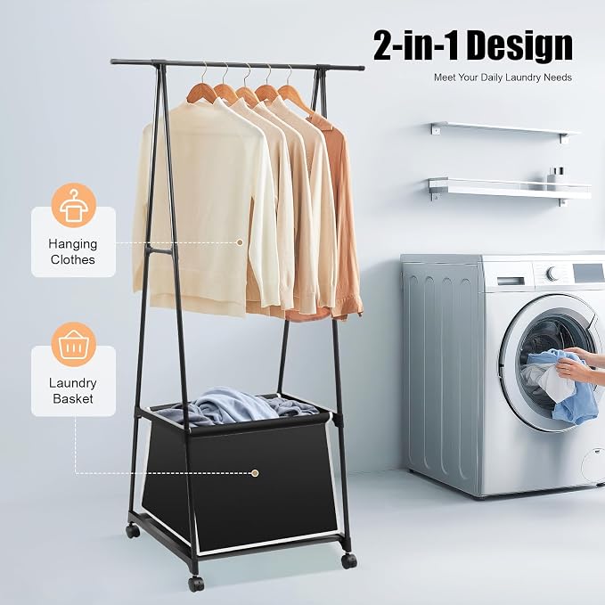 Laundry Cart with Hanging Rack, Laundry Sorter with Hanging Bar and 4 Wheels - Image 2