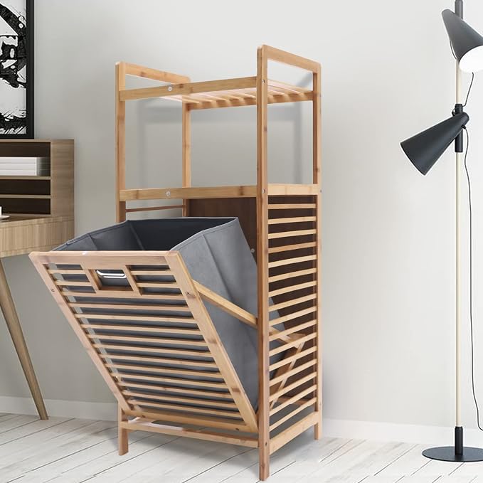 3 Tier Bamboo Laundry Hamper, Large Capacity Free Standing Hamper - Image 4