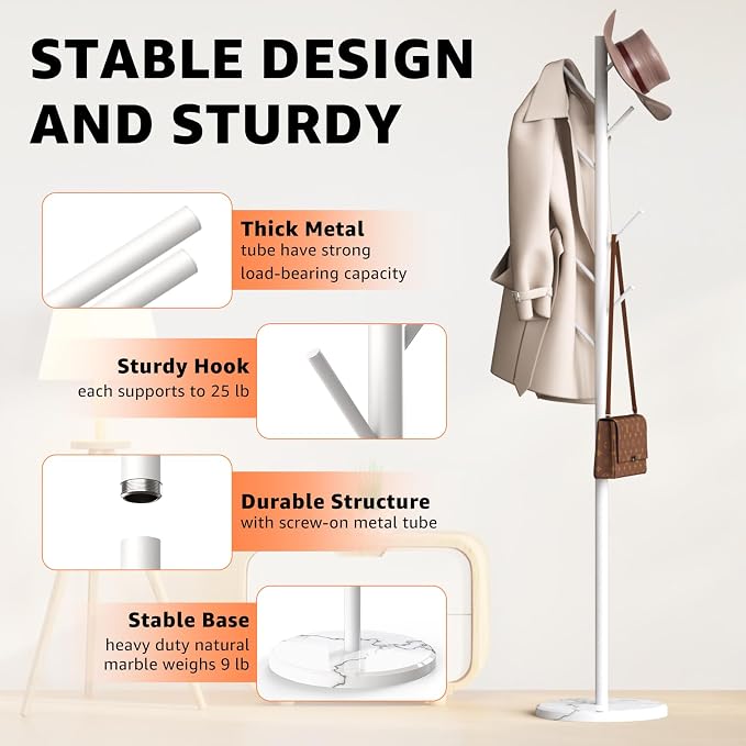 Coat Rack with Natural Marble Base, Metal Freestanding Coat Rack with 8 Hooks - Image 4