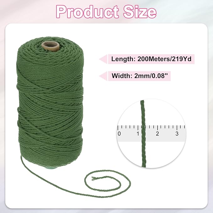 HARFINGTON Natural Macrame Cord 2mm x 220 Yards 3 Strand Twisted Cotton Macrame - Image 2