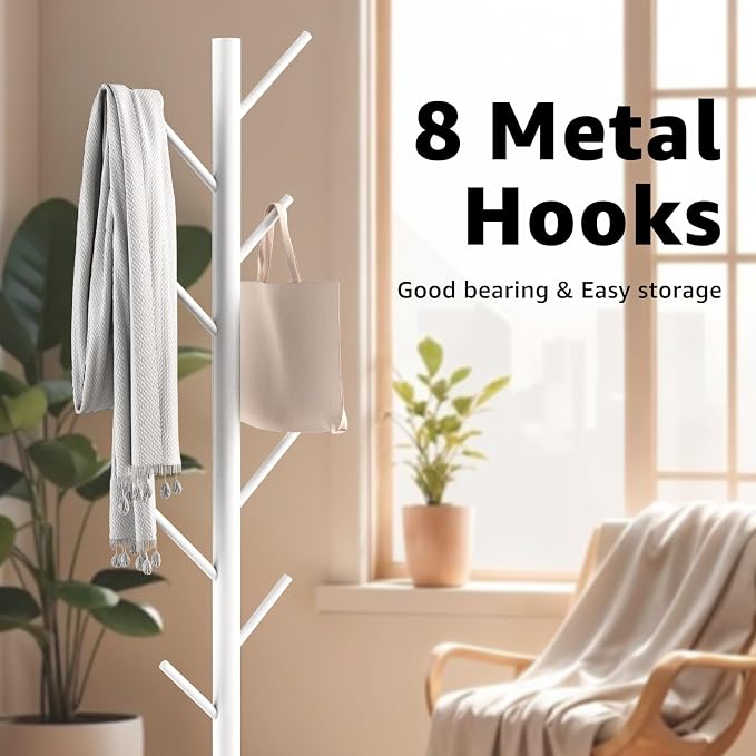 Coat Rack with Natural Marble Base, Metal Freestanding Coat Rack with 8 Hooks - Image 3
