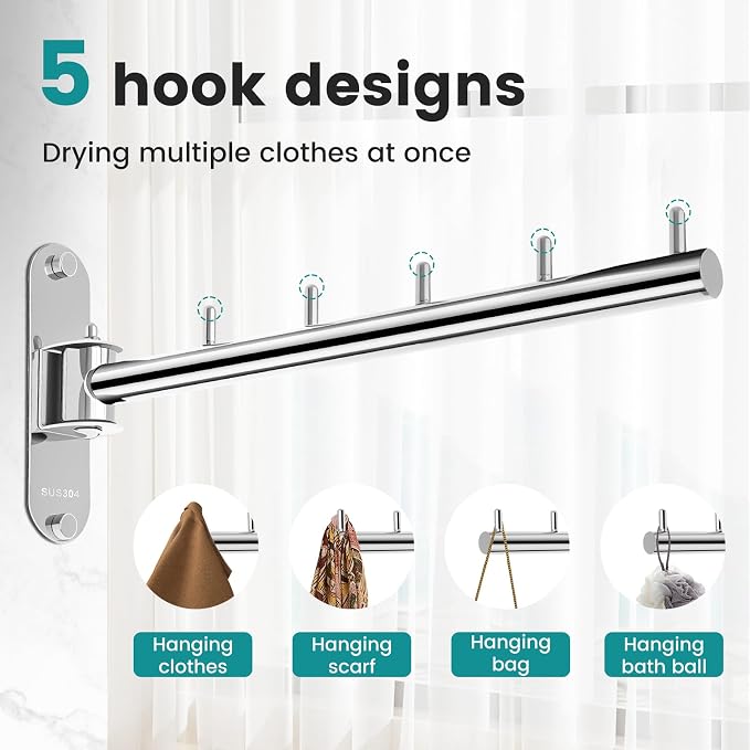 Wall Mounted Clothes Hanger Rack Swing Arm, Folding Clothes Hanger Space Saving - Image 4