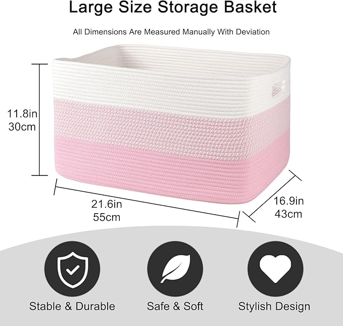 OIAHOMY Large Blanket Basket, 22”x17”x12” Rectangle Woven Baskets, Nursery - Image 3
