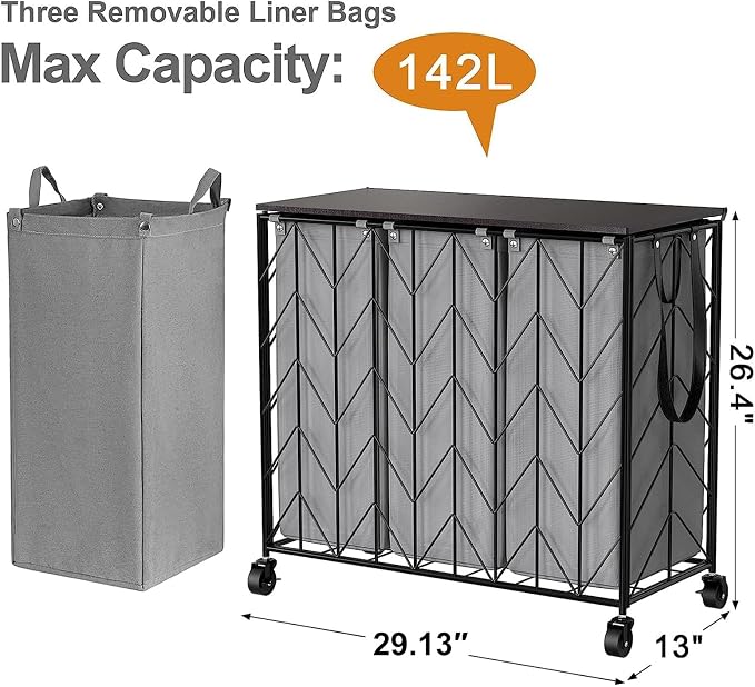 WOWLIVE Laundry Basket with Wheels, 142L Hamper 3 Section with Lid, Dirty - Image 4