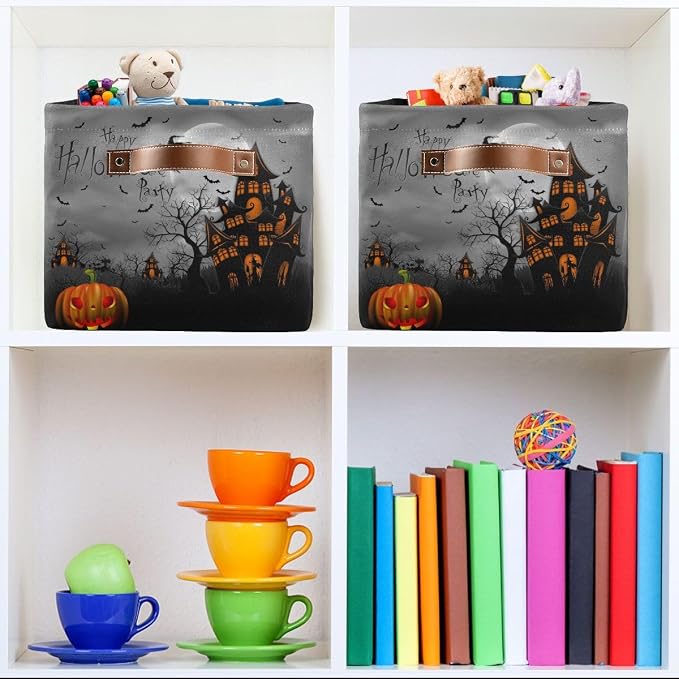 Halloween Spooky Witch Castle Storage Basket Fabric Kitchen Baskets Black Bat - Image 8