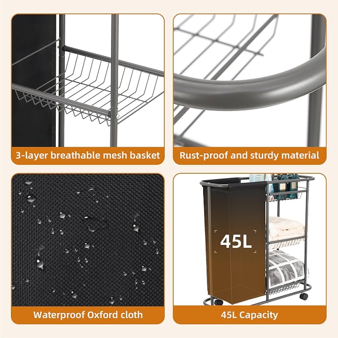 Rolling Laundry Cart with Wheels: 3-Tier Laundry Caddy Between Washer and Dryer - Image 6