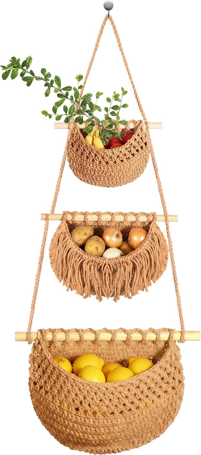 3 Tier Hanging Fruit Basket, Jute Wall Baskets, Hanging Produce Baskets by Wymulot