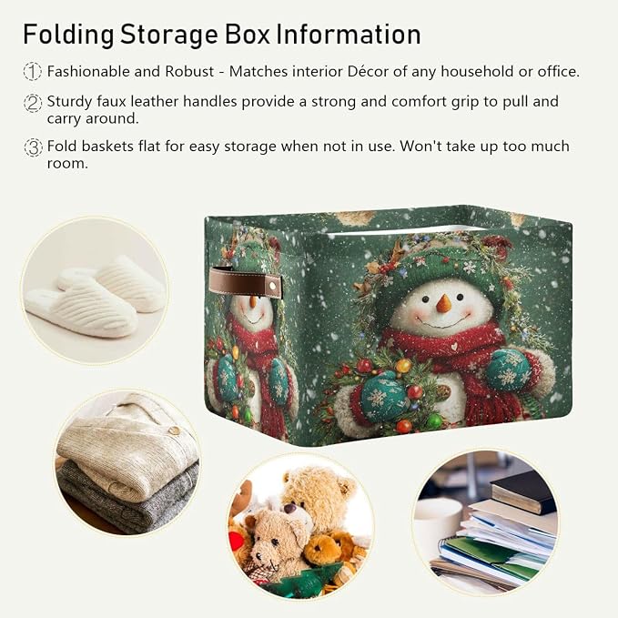 Snowman Green Christmas Pattern Rectangular Storage Bin Basket - Image 5