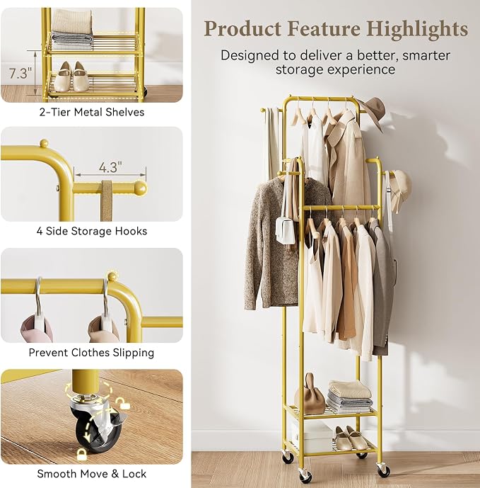 Chrislley Clothes Rack with Wheels, Small Rolling Garment Rack, 4 Hanging Rods - Image 5