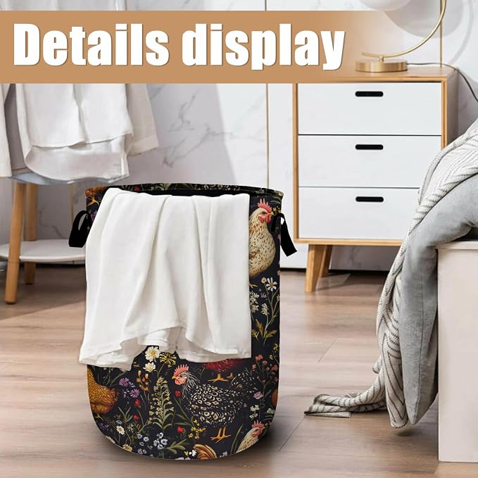 Retro Rooster Flower Laundry Basket, Chicken Laundry Hamper Tote Bag Dirty - Image 6