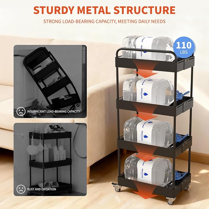 HOTEAGLE 4-Tier Rolling Cart Metal Expandable Utility Carts - Image 5