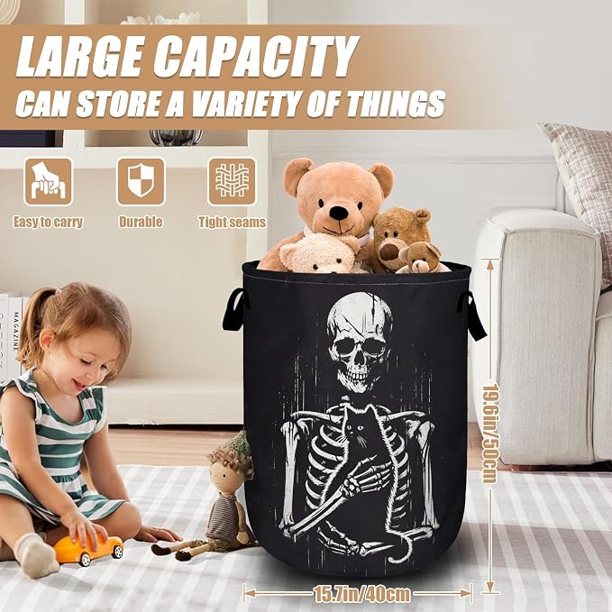 Funny Skull Black Cat Laundry Basket, Foldable Waterproof Laundry Hamper Tote - Image 2