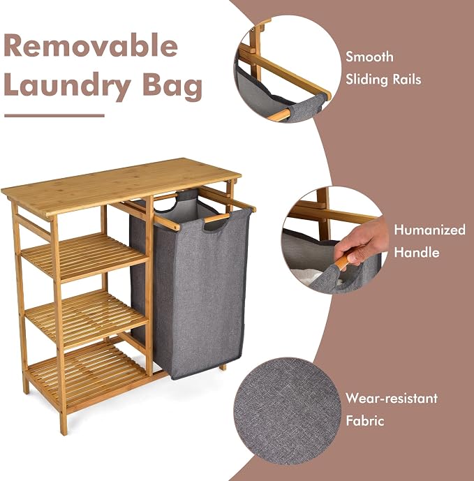 Giantex Bamboo Laundry Hamper Stand, Freestanding Laundry Organizer w/Removable - Image 6