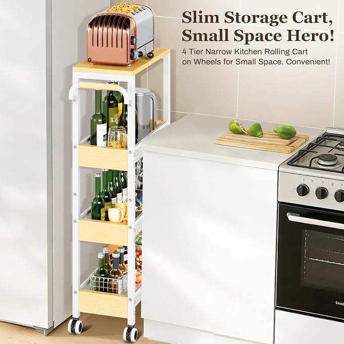 Utility 4 Tier Rolling Cart for Small Spaces, Slim Storage Cart - Image 4
