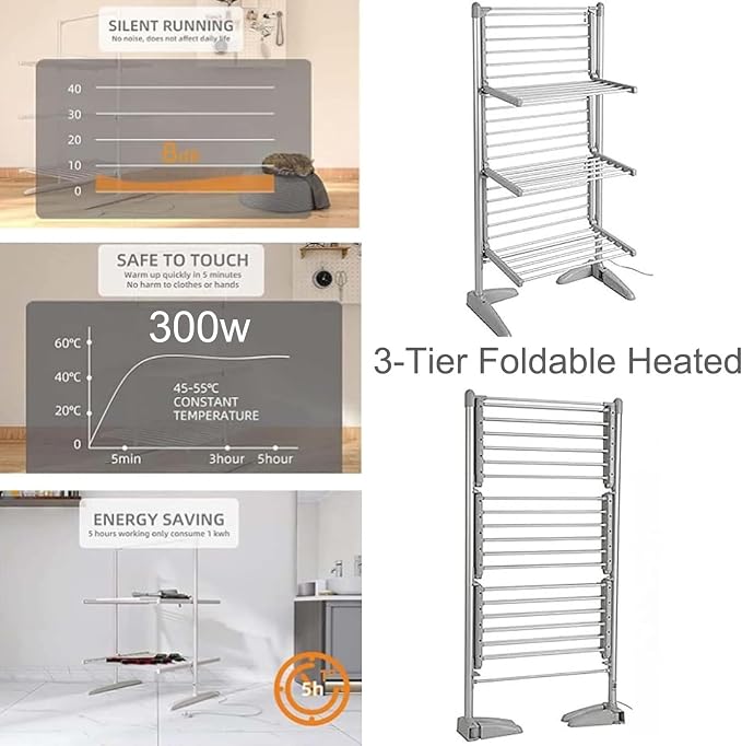 3-Tier Foldable Heated Electric Clothes Drying Rack | 300w Electric Standing - Image 3