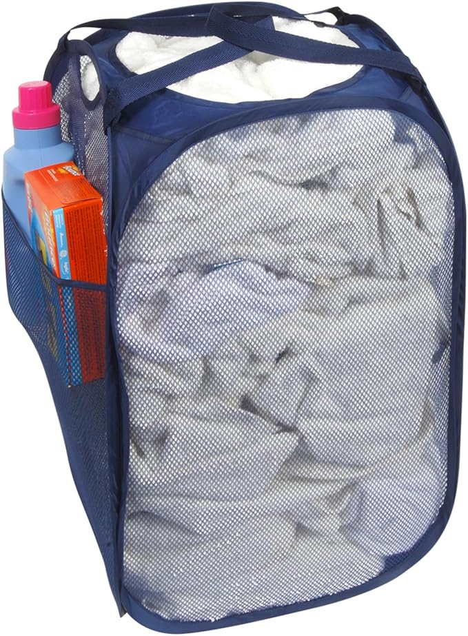 Smart Design Deluxe Mesh Pop Up Square Laundry Hamper w/ Side Pocket & Handles - Image 2