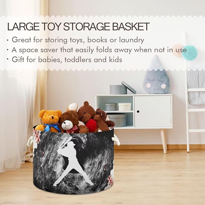Baseball Print Round Storage Basket Sport Ball Large Laundry Hamper Baseball - Image 6