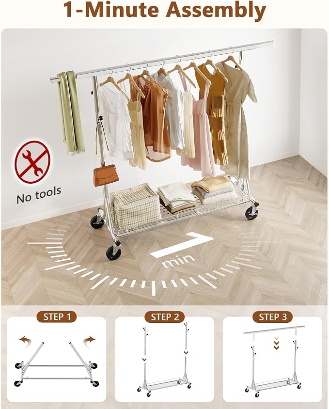 Hoctieon 1-Minute Assembly Clothes Rack, 480 lbs Heavy Duty Rolling Clothing - Image 2