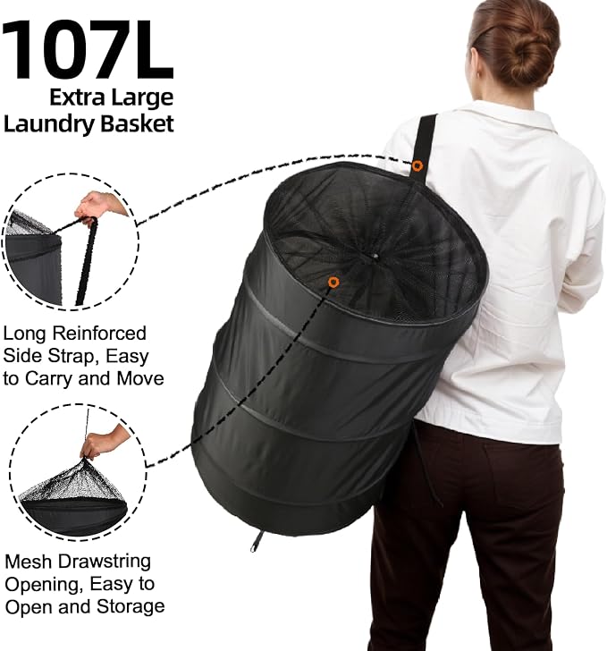 BATTOO Extra Large 107L Strong Laundry Hamper 17.5" x 27" Collapsible Laundry - Image 3