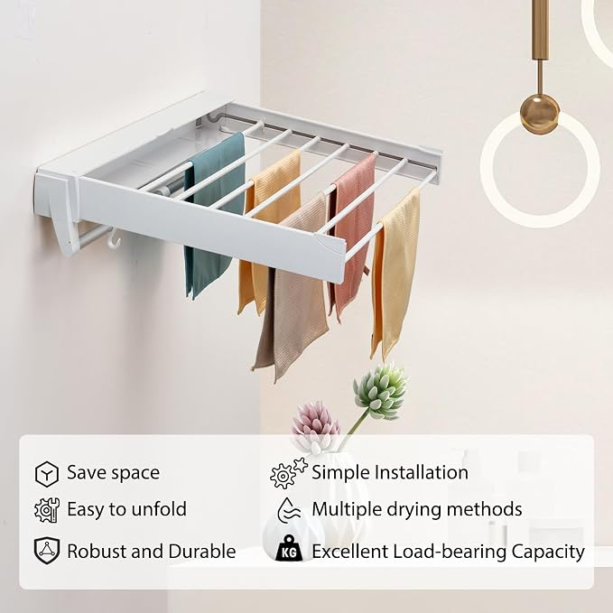 Wall Mounted Drying Rack, Aluminum Collapsible, 88 lbs Capacity, Foldable - Image 4