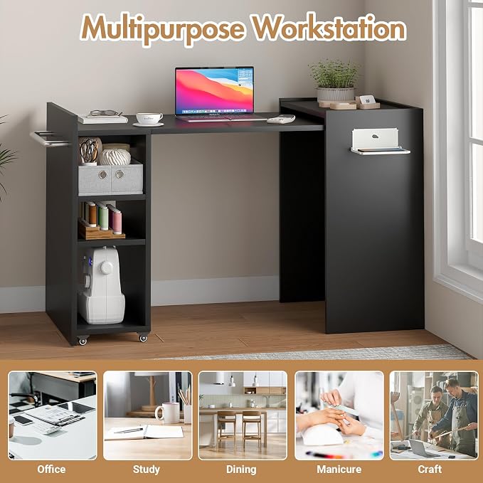 Folding Sewing Table, Wall Mount Sewing Machine Cabinet w/ Storage Shelves & - Image 5