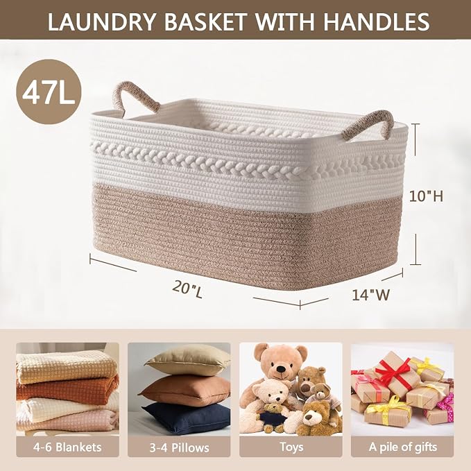 Decorative laundry basket with handles woven from natural cotton rope storage - Image 3