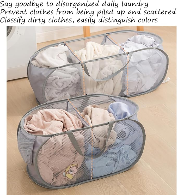 Mesh Laundry Hamper Basket, Sturdy 3 Compartments Laundry Basket, Foldable Pop - Image 7