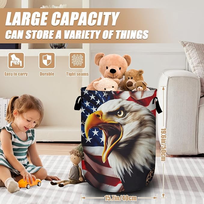 Usa Flag Eagle Laundry Basket, Foldable Waterproof Laundry Hamper Tote Bag - Image 2