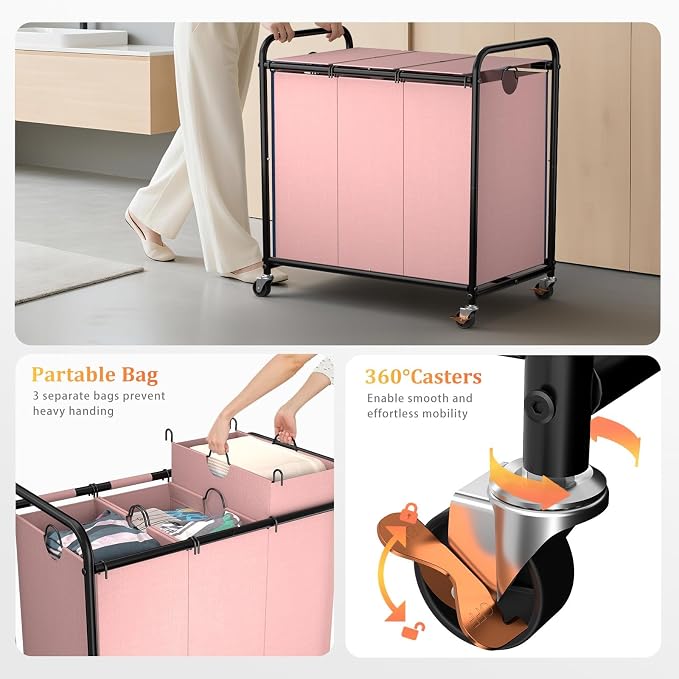 180L Laundry Sorter 3 Section, Rolling Laundry Basket - Image 5