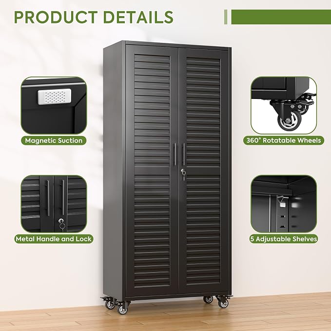 Garage Storage Cabinet with Wheels & Pegboard, Lockable Metal Storage Cabinet - Image 4
