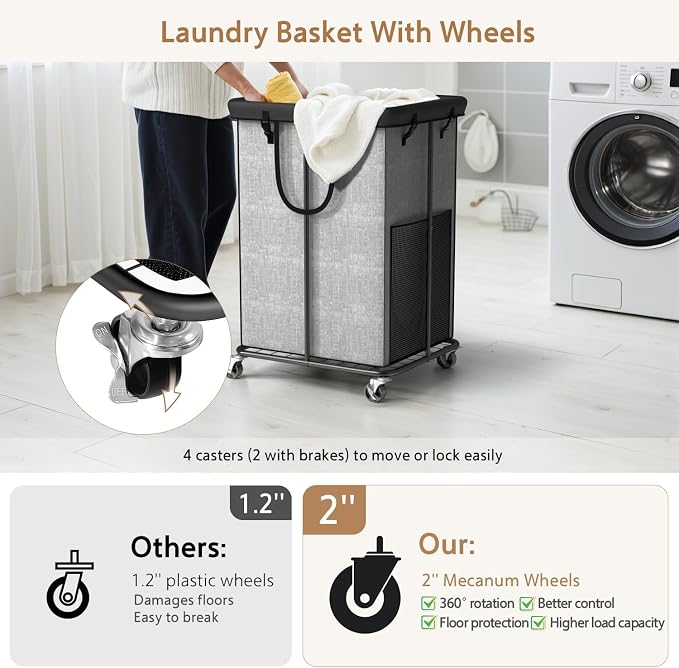 150L Large Laundry Basket with Wheels, Rolling Laundry Hamper with Removable - Image 3