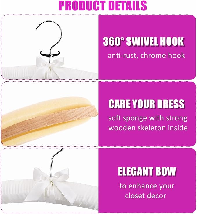 Amber Home 5 Pack 17 Inch Large Ivory Satin Padded Hangers - Image 3