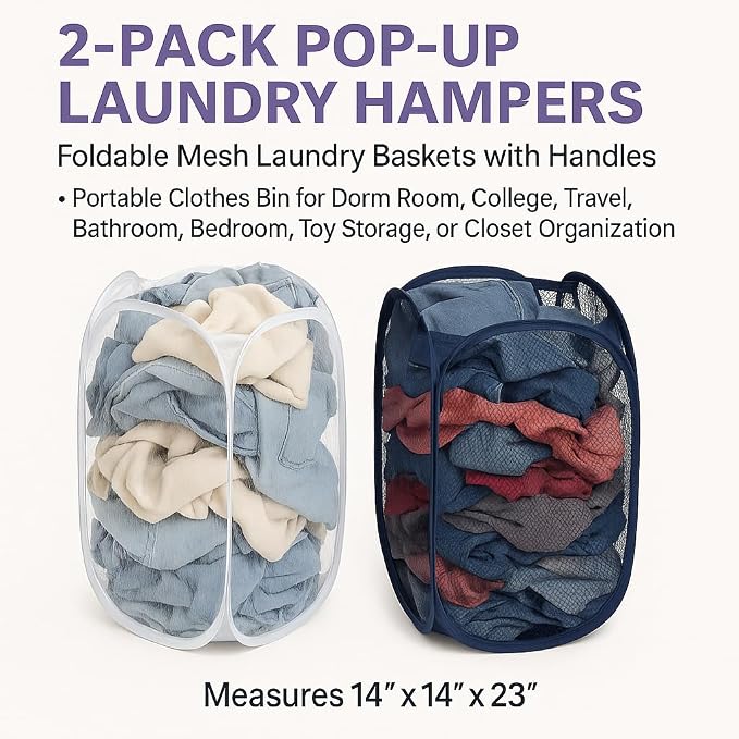 2-Pack Pop-Up Mesh Laundry Hampers - Image 2