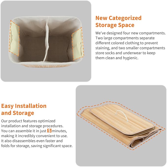 Large Laundry Hamper with Lid, 72l & 104l Capacity, Foldable Bamboo Frame with - Image 6